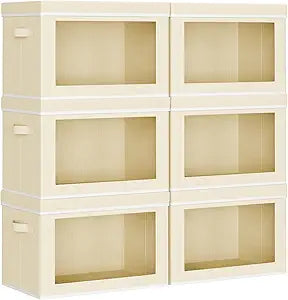 Homsorout Collapsible Storage Bins with Lids - Stackable Storage Containers with Window, 6 Pack Fabric Organizing Bins for Closet, Home & Office Organization Baskets, Beige, 14.9" x 9.8" x 9.8"