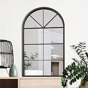ironsmithn Arched Mirror, Windowpane Mirror, 31.5"x19.7" Window Finished Metal Mirrors, Black Grid Mirrors for Decor Living Room Fireplace Entryway Bedroom Hallway