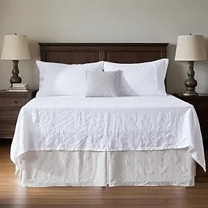 QKTE Belgian 100% Linen Bed Skirt with 14 Inch Drop, Easy Fit Breathable Soft Dust Ruffle King Size Bed Skirt - Premium Natural Flax- Basic Linen, King