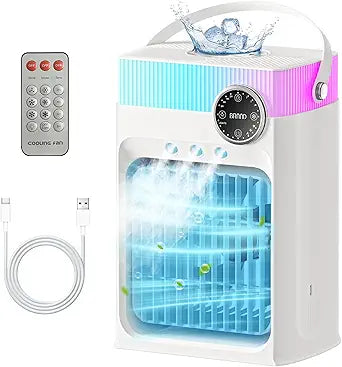 Portable Air Conditioners, Mini AC Unit Cooling Fan for Bedroom,1200ML Small Air Cooler Fans with Remote, 3 Mist,3 Speed,8 Light,2-8H Timer Personal AC Portable for Office Camping Car Desk (White)