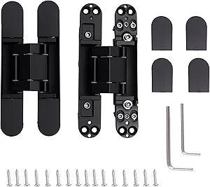 8-Pack 6 inch Hidden Door Hinges Heavy Duty Black, Invisible Concealed Hinges Zinc Alloy 6''x 2.5''x1Inch,180 Degree Swing Hinge, 3 Way Adjustable Hinge with Pins and Screws