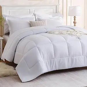 FreshCulture Queen Comforter Set - 7 Pieces All Season Luxury Bed in a Bag Queen Size - Bedding Set with Comforter, Sheets, Pillowcases & Shams - Ultra Soft White Comforter Set Queen