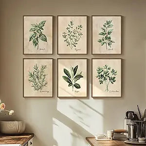 Framed Sage Green Botanical Wall Art for Kitchen, Set of 6 Rustic Herb Canvas Prints Artwork for Modern Farmhouse Walls, Herbs Spices Plant Leaf Pictures for Dining Room Living Room Bedroom Wall Decor