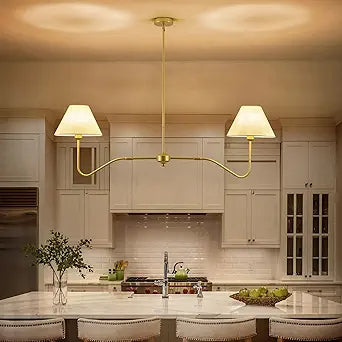 2-Light Gold Modern Linear Chandelier, 55 Inch Farmhouse Kitchen Island Lighting with White Fabric Shades, Dining Room Light Fixtures for Living Room Bedroom, Height Adjustable