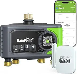 RAINPOINT WiFi Sprinkler Timer 4 Zone, 2027 New Version Outdoor Smart Water Timer for Garden Hose with Brass Inlet&Outlet, Custom Programs via APP/Voice Control (Lime Green, 4 Zone)
