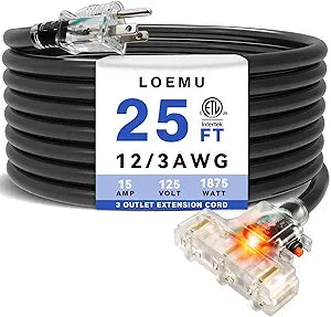 12 Gauge Extension Cord 25 ft, NEMA 5-15P to 5-20R x3, Heavy-Duty Extension Cord with Multiple Outlets/Circuit Breaker/Lighted End, 15A 12AWG 1875W SJTW, Great for Tools, Home Appliances