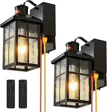 2 Pack Porch Light with Outlet and Remote Control - Plug in Outdoor Wall Lights with GFCI Exterior Lighting Fixtures Adjustable 3 Sensitivity Levels and 1-10min Delay for Porch, Patio, Entryway(Black)