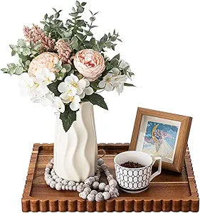 Lounsweer Acacia Wood Decorative Tray for Home Decor, 14'' x 10'' Wooden Serving Tray for Coffee Table Centerpiece Dining Kitchen Island Decoration Bathroom Counter Display