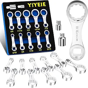 YIYEIE 12PCS Torque Adapter Set SAE, 5/16", 3/8", 7/16", 1/2", 9/16", 5/8", 11/16", 3/4", 13/16", 7/8", 3/8" Drive Torque Wrench Adapter, 12 Point Torque Extender Adapter with 1/2" + 1/4" Adapter