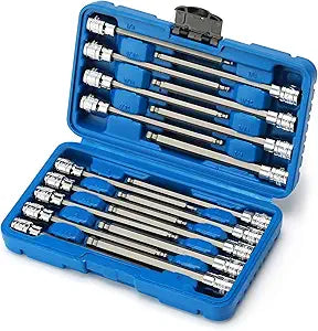 CASOMAN 3/8"Drive Extra Long Ball-End Hex Bit Socket Set, 18 Piece Allen Socket Set, Metric & SAE, 3mm to 10mm, 1/8" to 3/8", CR-V and S2 Steel
