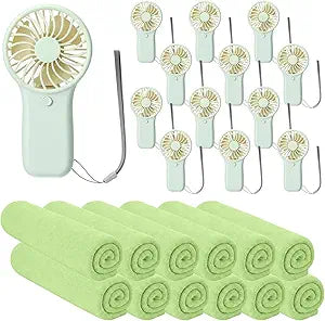 Hortsun 24 Pcs Summer Sets Includes 40"x12" Cooling Towels and Mini Handheld Fan Bulk, Workout Towel Sweat Towels for Hot Weather Gym, Portable Small Fan for Summer Team Travel Gift (Green)