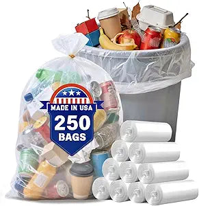 30 33 35 Gallon Clear Trash Bags, 250 Count High Density Garbage Bags, Made in USA, Recycling Trash Can Liners, Puncture-Resistant Plastic Waste Bags for Kitchens Yards Offices Commercial