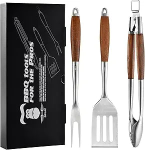 Heavy-Duty Heat-Treated Ash Wood BBQ Grilling Tools Set | Extra-Thick Stainless Steel Spatula, Fork & Tongs | Essential Barbecue Accessories, for Grill Enthusiasts