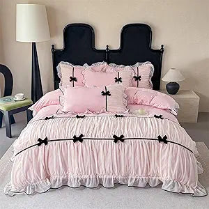 Ruffle Beddding Set with Bowtie,Girls Lace Bedding,Pink Queen Comforter Cover Set, Chic Ruffled Duvet Cover with Lovely Bow,Princess Style 1 Duvet Cover with 2 Pillowcases, No Comforter