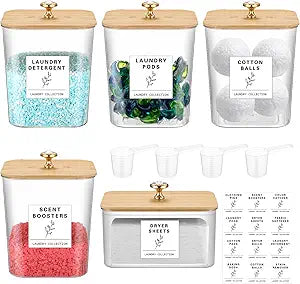 Reallnaive 5 Pcs Laundry Pods Container and Dryer Sheet Holder, 3L Laundry Room Organization Storage Containers with Lids and Labels for Detergent Powder Organizer, Scent Booster, Powder
