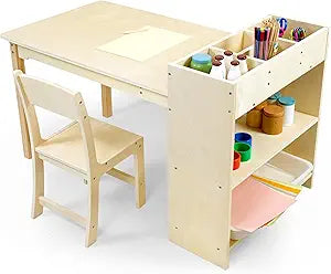 bbgroundgrm Kids Art Table and Chair Set, Birch Wooden Activity Craft Table, Kids Drawing Table, Toddler Desk with Storage and 1 Chair