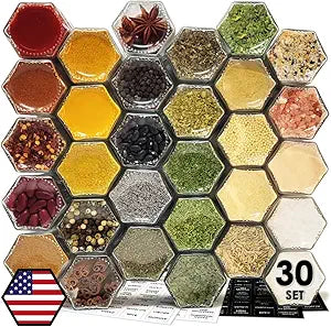 30 Set Magnetic Spice Jars for Refrigerator Hexagon Glass Spice Jars with Magnetic Lids, Shaker, Spice Labels, Magnetic Glass Spice Containers for RV Travel Trailer Kitchen Fridge Cabinet Wall mount