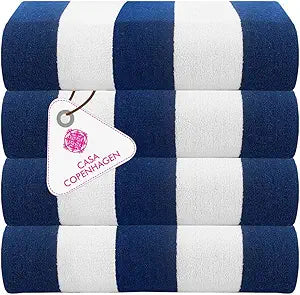 CASA COPENHAGEN Cabana Towel 4Pcs Cobalt Designer Stripe Beach Towels Gift Set, 30"x60" Oversized 100% Cotton Pool Bath Towel for Beach Gift Set (Perfect Summer Gift Set for Women & Men)