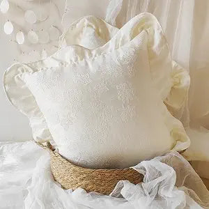 French Jacquard Throw Pillow Covers,Floral Ruffle Pillow Cover, Shabby Country Ruffle Pillow Cases,Vintage Court Style,Creamy White 16x16 Inch,2 Pieces