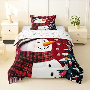 Feelyou Kids Christmas Theme Decorations Bedding Set Xmas Snowman Comforter Set for Boys Girls Snowflake Kawaii Cute Comforter Red Quilt Set Bedroom Collection Twin Size