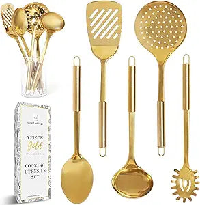 Gold Kitchen Utensils Set 5-Piece Stainless Steel Kitchen Tools for Modern Cooking and Serving Dishwasher Safe Ladle, Spoon, Spatula, Pasta Fork, Luxury Brass Kitchen Accessories for Home Chefs