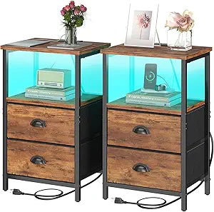 Sthmec Rustic Brown Industrial Nightstand Set of 2, Bedside Table with 2 Fabric Drawers, 3-Tier Storage, LED Light, Charging Station, 11.38''D * 15.38''W* 24.75''H
