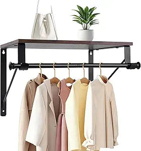 Wall Mounted Closet Organizer with Hanging Rod and Storage Shelf, Heavy Duty Closet Shelf with Hanging Rod, Space Saving Wall Hanging Rack for Bedroom, Bathroom, Laundry Room, Kitchen