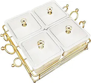 YA JU Ceramic Bowls and with Lid Gold Basket Trays, 4 Removable Small Bowls Condiment Trays Nut Serving Set for Snacks, Fruits, Candy and Condiments - Great for Parties, Holiday Gifts,White