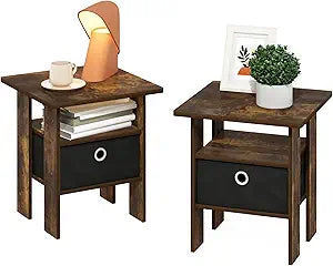 Furinno Andrey Side Table, Set of 2 End Table, Night Stand with Open Shelves and Storage Bin, Bedside Table, for Living Room, Bedroom, Amber Pine
