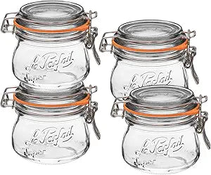 Le Parfait Super Jar 250mL (8oz) French Glass Preserving Jar w/Airtight Rubber Seal & Wire Bail Closure - BPA-Free Canning Jar for Pickles, Fruit, Sauce & Food Storage - Made in France Since 1930 4PK