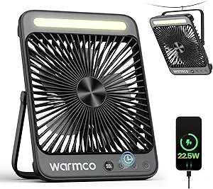 Warmco Battery Powered Fan, 20000mAh 22.5W 8-Inch Ultra-thin Rechargeable Camping Fan with LED Light, Up to 48H Runtime, 8H Timer, Portable Travel Fans for Sleeping, Outdoor, Indoor, Cruise Essential