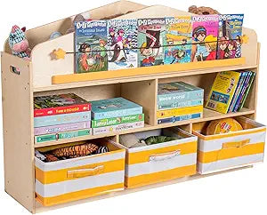 Kids Toy Storage Organizer with Bookshelf, Wooden Montessori Playroom Furniture with 3 Removable Bins & Anti-Tip Kit, Toddler Storage Cabinet for Rooms, Playroom, Kindergarten, Natural