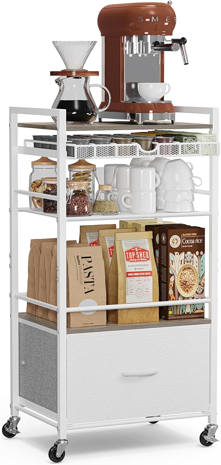 Coffee Bar Cabinet with Storage,5 Tier Coffee Station Table on Wheels, 33.6" H Cart with Drawer for Home Kitchen, Liquor Buffet Sideboard Cabinet (Modern White)