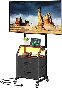 GYIIYUO Rolling TV Stand with 2 Storage Fabric Drawers/Power Outlet/Mount, Mobile LED TV Stand on Wheels for 32-55 inch TVs, Corner Small TV Cart for Bedroom,Office,Living Room(Black)