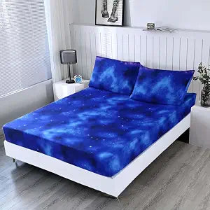 SDIII Blue Galaxy Queen Fitted Sheet with 2 Pillowcases, Deep Pocket Soft Microfiber Space Fitted Sheet Queen for Boys Girls Kids and Teens
