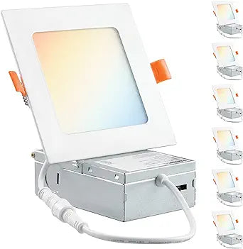 PARMIDA (6 Pack) 4 Inch Square 5CCT Ultra Thin LED Recessed Lighting with Junction Box, 2700K/3000K/3500K/4000K/5000K 5 Color Selectable, 9W, Dimmable, Canless Wafer Slim Panel Lights, IC Rated, ETL