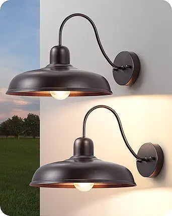 EDISHINE 12IN Farmhouse Outdoor Barn Light, 2 Pack Outdoor Wall Light Fixture, Gooseneck Outside Wall Sconce, Brown Wall Mount Lantern for Porch, Entryway, Garage