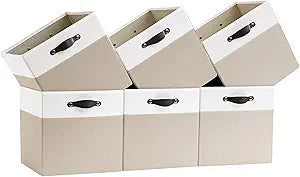 Storage Cube Bins | 7.7 oz/yd Fabric Cubby Organizer Baskets for Shelf, Bookcase, Closet, Cabinet, Wardrobe | 13x13 Cube Drawer | 6 Pack, Beige & White, 13x13x13 Inch