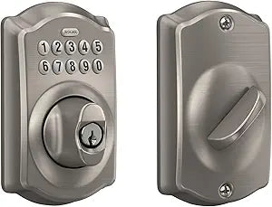 Schlage Camelot Electronic Keypad Deadbolt Lock, Keyless Front Door Entry, Mechanical Key Backup Included, Satin Nickel, BE365 V CAM 619