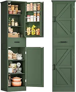TEENFON Kitchen Pantry Cabinet with 3 Door Shelves & 1 Drawer, Narrow Bathroom Cabinet with Adjustable Shelves, Tall Storage Cabinet for Living Room, Bathroom, Entryway, Green