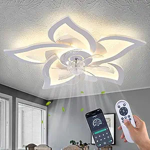 White Flower Modern CeilingFans with Lights, Low Profile Ceiling Fan with Remote for Bedroom, Flush Mount Ceiling Fan with LED Dimmable Light,3-Colors, 6-Speeds, Timing CeilingFan Light