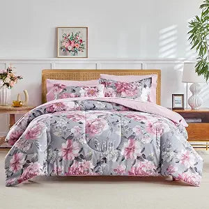 Joyreap 3pcs Floral Comforter Set Full/Queen, Tie-dye Pink Flowers on Gray Design, Microfiber Lightweight Bedding Comforter Set for All Season- 88x88 inches