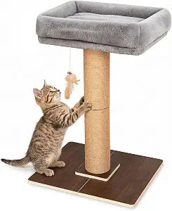 Cat Scratching Post, Retro-Style Tall Cat Scratcher Tower with Removable Gray Fluffy Cusion Perch, Natural Pine & Sisal Cat Scratcher for Indoor Cats, Large