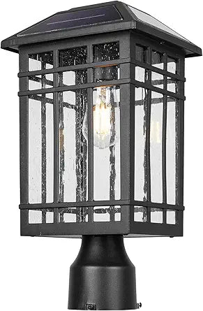 Solar Post Lights, Outdoor Post Lights Solar Powered, Waterproof Anti-Rust Black Post Lights with Seeded Glass, LED Solar Powered Lamp for Front Door, Porch, Garage, and Patio Bulb IncludedSR018-P