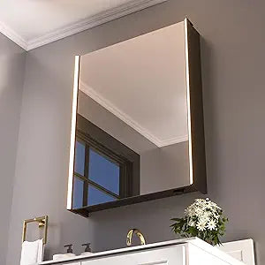 30 x 23-1/4 Inch LED Lighted Medicine Cabinet with Mirror, Moisture-Resistant Wood, Stepless Dimmable, 3000K/5500K, Adjustable Shelf, Flat-Pack Design Assembly Required (Black)