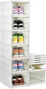 6 Tier Collapsible Shoe Storage, No Assembly Stackable Shoe Organizer Storage Bin with Clear Door, Plastic Shoe Boxes With Lids, Plastic Shoe Rack for Closet Entryway (white)