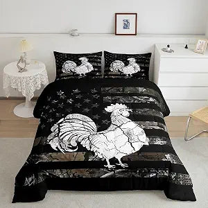 Manfei Rooster Kids Comforter Set,Black Stripes Branch American Flag Down Alternative Adults Bedroom Decor,Rustic Animal Camo Ultra Soft Microfiber Inner Fill 3Pcs Bedding Queen Size