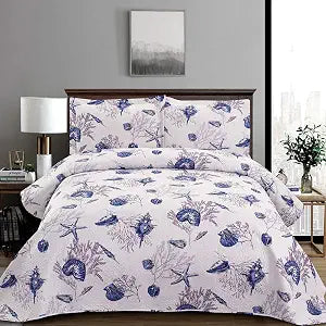 Twin Size Quilt Set Beach Quilt Bedding Twin Quilts Bedspread Coverlet Coastal Ocean Bedding Summer Lightweight Reversible Quilt Beach Bed Spread Coverlet Starfish Conch Shell Home Decor Blue