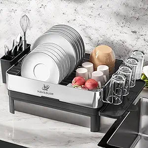 Dish Drying Rack | Stainless Steel Dish Rack for Kitchen Counter, Space Saving | Dish Drainer with Drainage & Utensil Holder | Escurridor de Platos para Fregadero (Black)