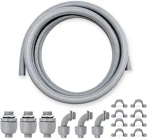 3/4 inch 15 Foot Liquid-Tight Conduit Kit, Flexible Non Metallic Electrical Conduit and Connector Kit, With 3 Straight and 3 Angle Fittings